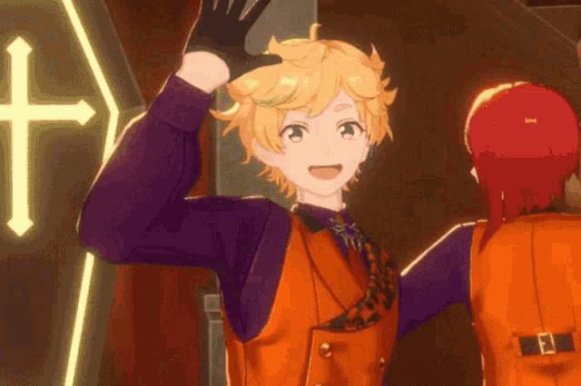 two anime characters are standing next to each other with a cross in the background .