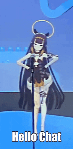 a video game character is standing in front of a microphone with the words hello chat below her