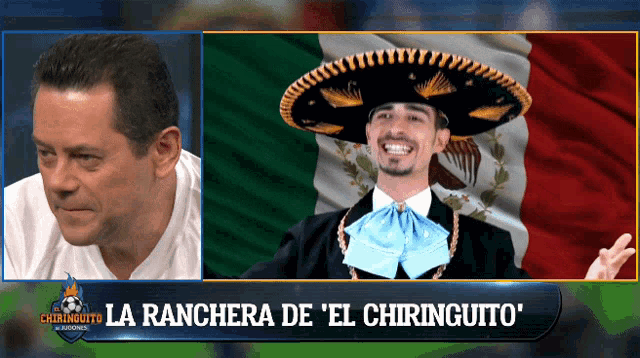 a man wearing a sombrero stands next to a man wearing a cowboy hat