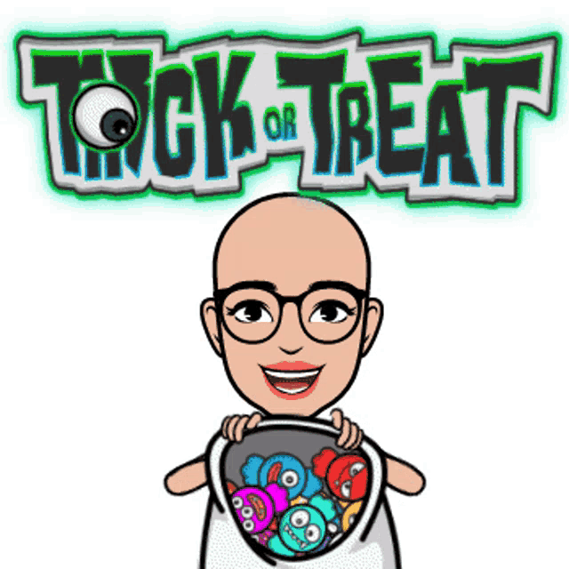 a cartoon of a bald woman holding a bucket of candy with the words trick or treat in the background