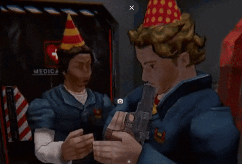 a man in a party hat is holding a gun and the word bony is on his shirt