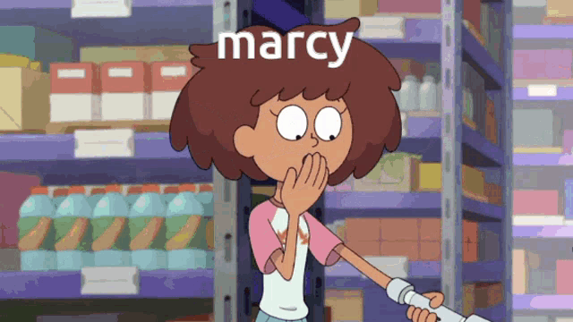 a cartoon character covering her mouth with her hand and the word marcy above her
