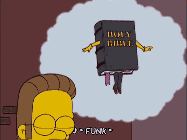 a cartoon of a man thinking about a holy bible with arms and legs