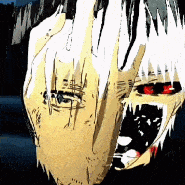 a drawing of a person with white hair and red eyes covering their face