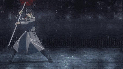 a man in a trench coat is holding a sword and fighting another man with a sword .