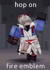 a girl in a kimono is dancing with the words hop on fire emblem below her