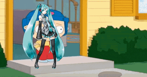 a cartoon of a girl with long blue hair standing in front of a yellow house