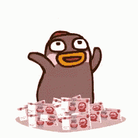 a cartoon penguin is standing in a pile of money