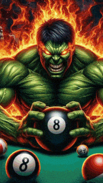 hulk holding a pool ball with the number eight on it