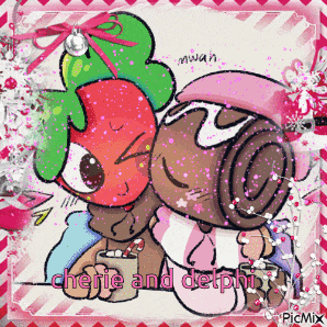 a cartoon drawing of cherie and delphi with a pink border