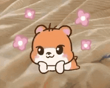 a cute cartoon hamster is sitting on a bed with pink flowers flying around it .
