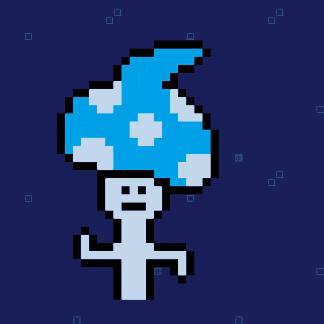 a pixel art drawing of a mushroom with a blue hat on