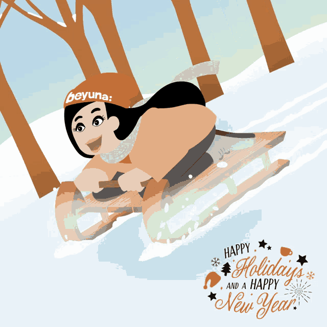 a cartoon of a woman sledding down a hill with the words happy holidays and a happy new year below her