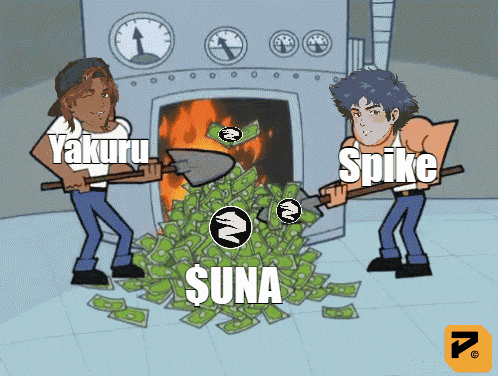 a cartoon of yakuru and spike digging up a pile of money
