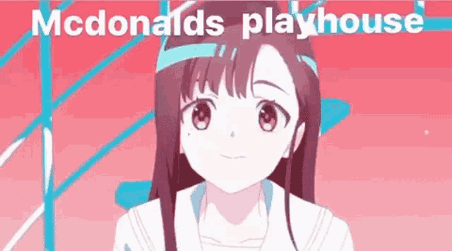 a girl in a sailor suit is standing in front of a mcdonald 's playhouse sign .