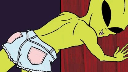 a cartoon drawing of an alien wearing shorts sticking out its tongue
