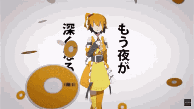 a girl in a yellow dress stands in front of a cd