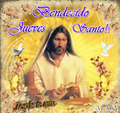 a picture of jesus is surrounded by flowers and says bendido jueves santo