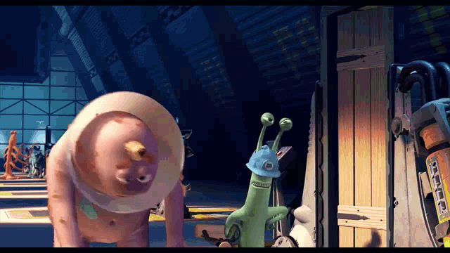 a cartoon character with a cone around his neck is standing next to a cartoon character with a helmet on