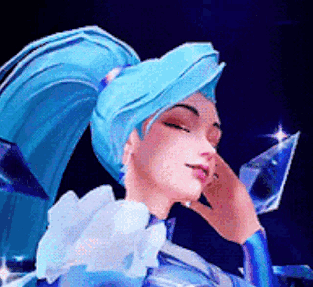 a woman with blue hair is holding a diamond in her hand and covering her face with her hand .