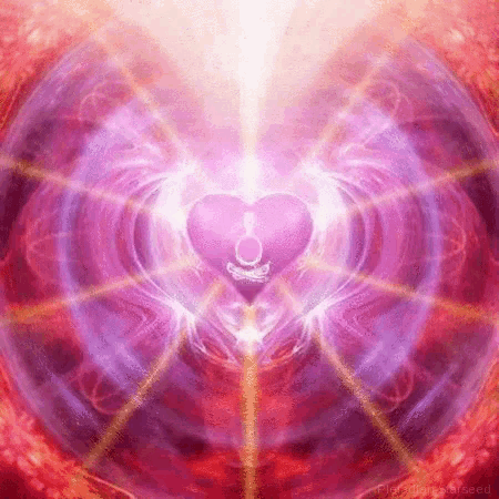a purple heart with a light coming out of it is in the middle of a pink and purple background .