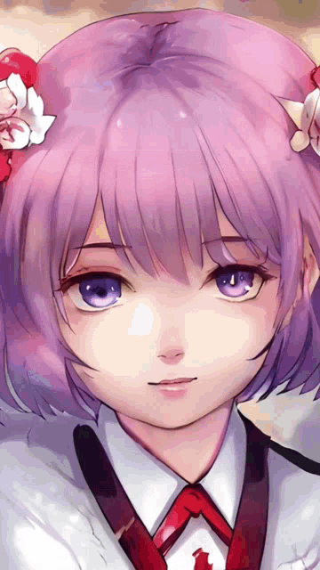 a girl with purple hair and blue eyes is wearing a white shirt and red tie