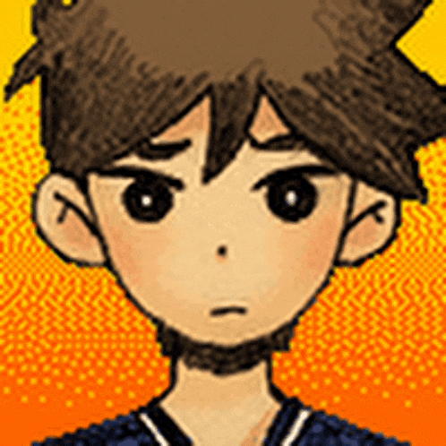 a close up of a cartoon character with a yellow background