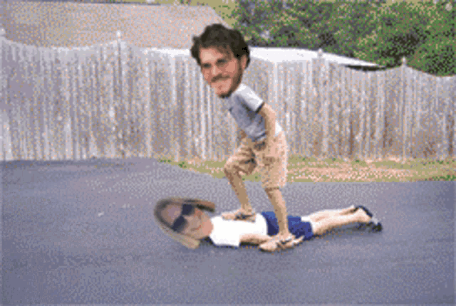 a cartoon of a man pushing another man on the ground