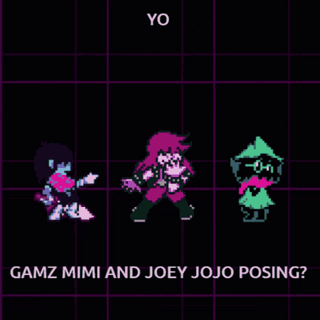a pixel art of a video game character with the words gamz mimi and joey jojo posing .