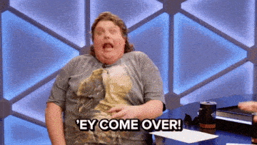 a man sitting at a table with the words ' ey come over ' on the bottom
