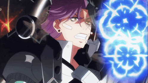 a man with purple hair is holding a gun and a blue light is behind him