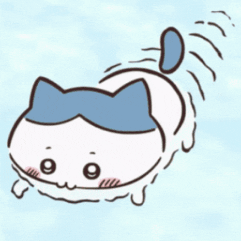 a cartoon drawing of a cat with a blue tail