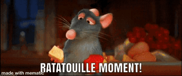 a cartoon rat is holding a piece of cheese with the words ratatouille moment below it