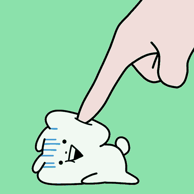 a hand is pointing at a cartoon rabbit with a surprised face