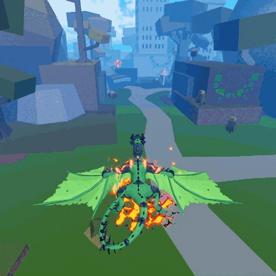 a green dragon in a video game is flying over a city