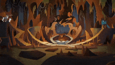 a cartoon drawing of a cave with a statue in the center