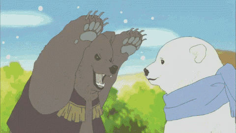 a polar bear and a brown bear are playing in the snow