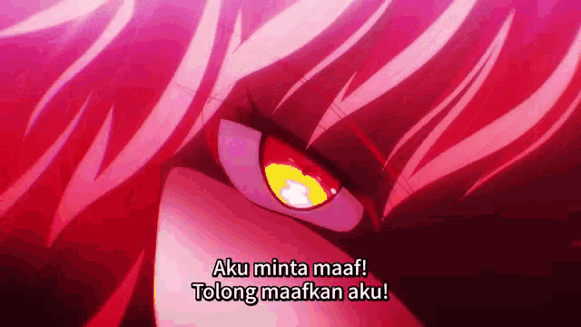 a close up of a person 's eyes with the words aku minta maaf