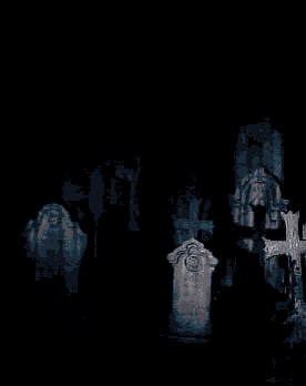 a black and white photo of three naked people holding hands in a cemetery