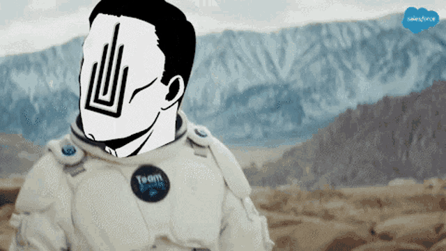 a man in a space suit with a safetyforce logo on the bottom