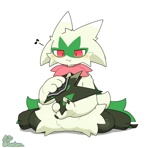 a cartoon drawing of a white and green animal with red eyes and a pink collar