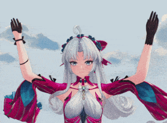 a girl with long white hair is wearing a red and blue outfit