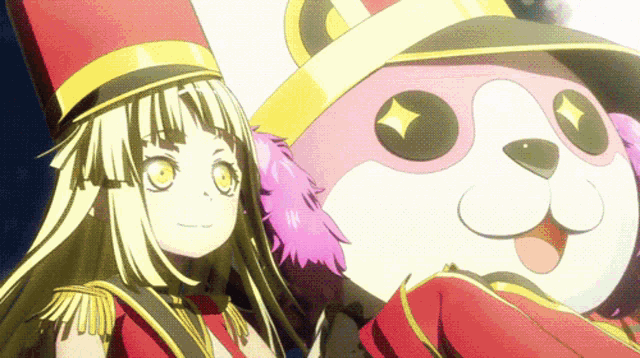 a girl in a top hat is standing next to a pink panda mascot