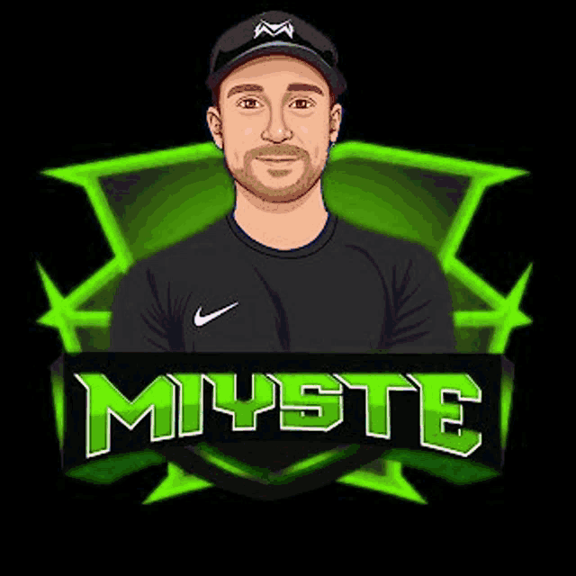 a cartoon of a man wearing a hat and sunglasses holding a sign that says `` miyste '' .