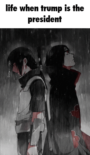 two anime characters standing back to back in the rain with a caption that says life when trump is the president