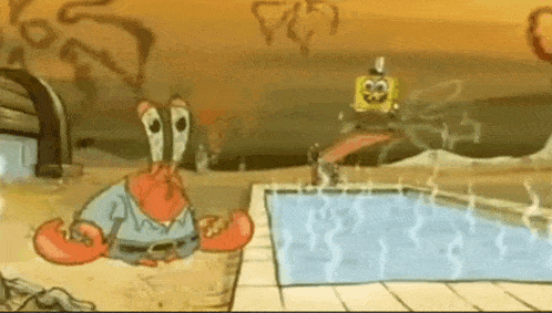 a cartoon of spongebob and mrs. krabs standing next to a pool .