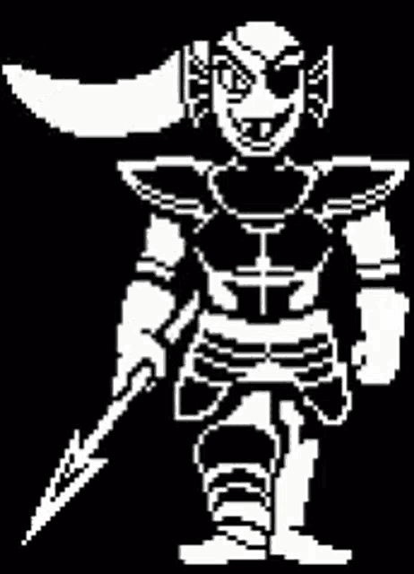 a black and white pixel art drawing of a knight holding a sword .