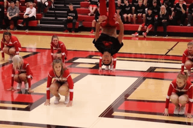 a group of cheerleaders are performing on a basketball court