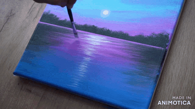 a painting of a sunset with the words made in animotica below it