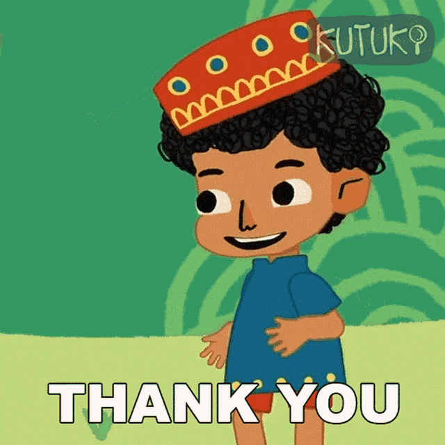 a cartoon boy with curly hair wearing a red hat says thank you